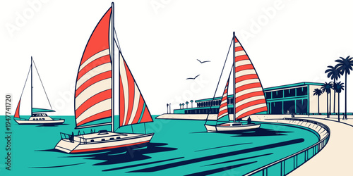 Sailboats with red and white striped sails on the water Vector