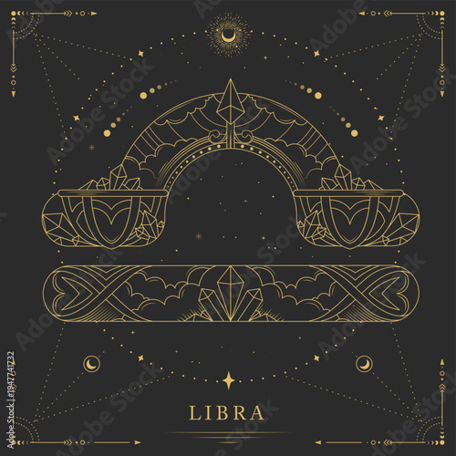 Modern magic witchcraft card with astrology Libra zodiac sign on space background. Line art vector illustration