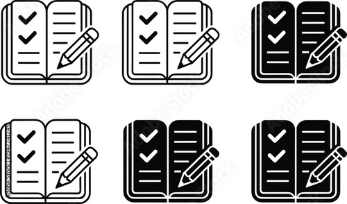 Checklist notebook with pencil icon set in line and solid styles, task list planning symbol for productivity, education, note taking, agenda management and organization concept