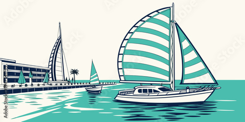 A sailboat on the water with a city skyline Vector