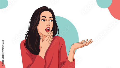 Young woman showing a surprised facial expression and gesturing with her hand toward a copy space background area.