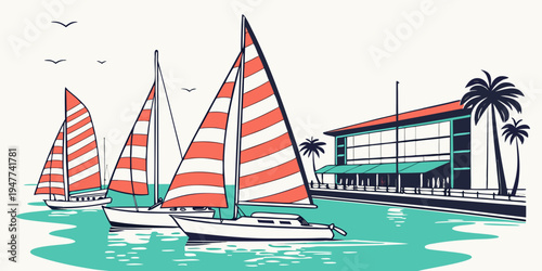 Sailboats floating on the water near a building Vector