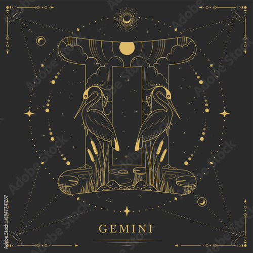 Modern magic witchcraft card with astrology Gemini zodiac sign on space background. Line art vector illustration
