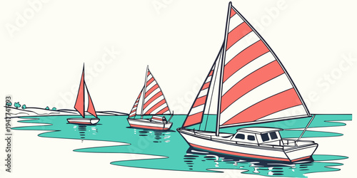 Sailboats on the water with red and white sails Vector