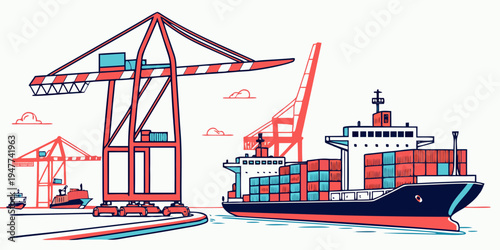 Cargo ship and cranes at a port facility Vector