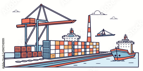 A cargo ship with containers and cranes at a port Vector