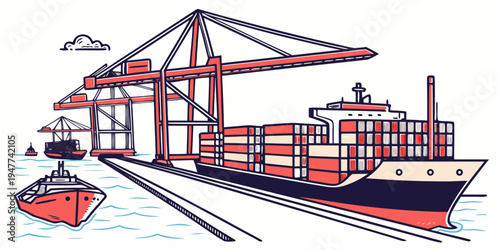 A large cargo ship and tugboat on the water Vector