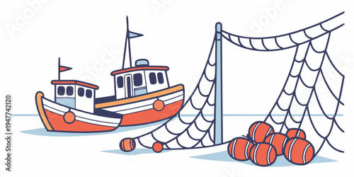 An orange fishing boat with a net and buoys Vector
