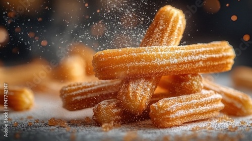 stack of golden churros dusted with powdered sugar and falling sugar sprinkles, warm inviting close-up evoking indulgent craving