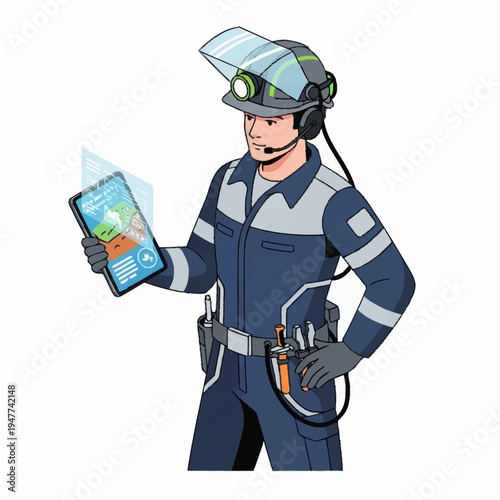 Man in mining uniform with tablet.