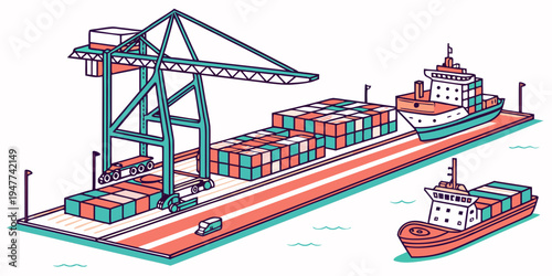 A cargo ship and crane on a dock with containers Vector