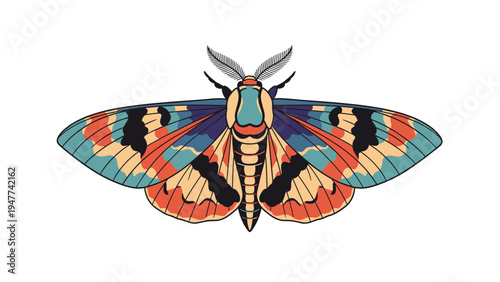 Intricate illustration of a colorful moth with symmetrical wing patterns featuring blue, orange, yellow, and black details.