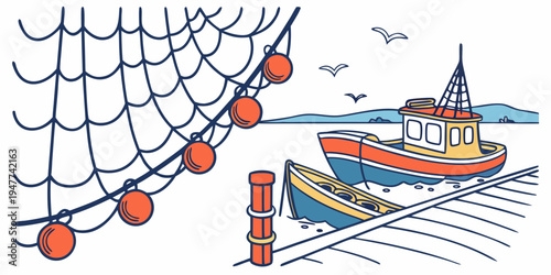 A boat on the water next to a fishing net Vector