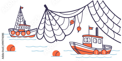Two fishing boats with a fishing net Vector