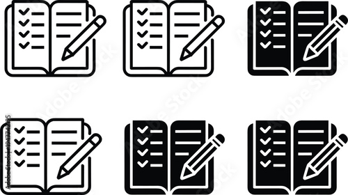 Checklist notebook with pencil icon set, task list and to do planning symbols, outline and glyph style productivity icons for education, office organization, and task management