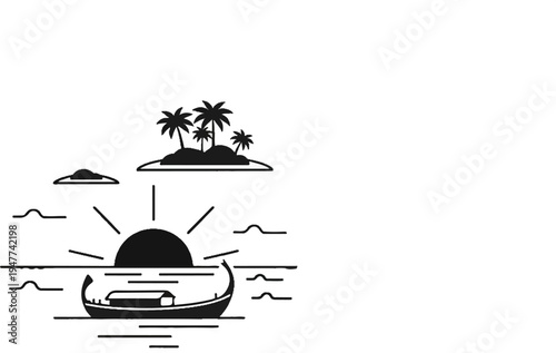 Silhouette of a tropical island with palm trees and a boat on the water at sunset