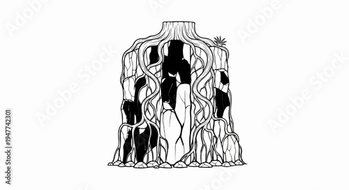Stylized abstract depiction of a columnar structure formed by roots and rock formations