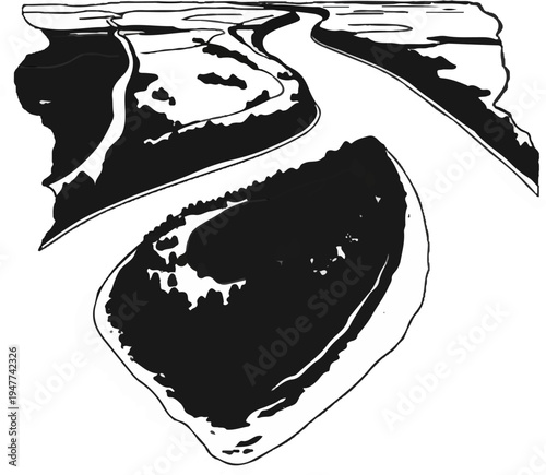 Stylized aerial view of a winding river with dense foliage and landmasses