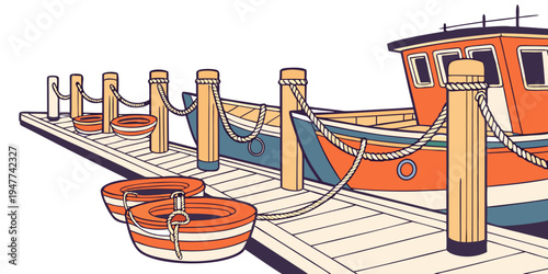 A large orange boat docked at a pier with a small boat Vector