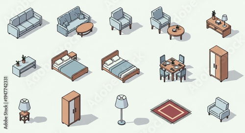 Isometric Furniture Set - Sofa, Armchair, Bed, Table, Wardrobe, and Rug.