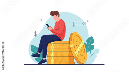 Young man using his smartphone while sitting on a large stack of gold coins representing mobile banking and savings.
