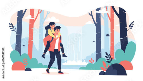 Young man carrying a woman on his back while walking through a scenic forest with a waterfall in the background.