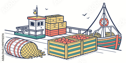 A fishing boat with crates and nets on the dock Vector