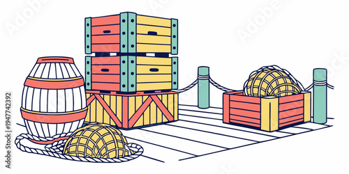 A stack of colorful wooden crates on a dock Vector