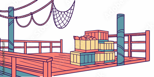 A cargo ship deck with stacked shipping containers Vector