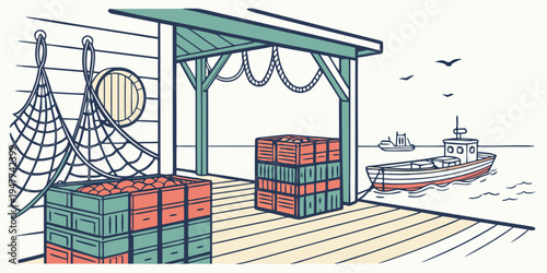 A cargo ship docks at a pier with stacked shipping containers Vector