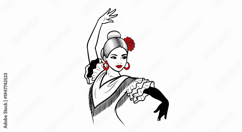 Obraz premium Stylized black and white drawing of a woman in flamenco attire with a red flower