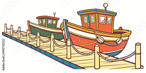 A red and green boat sitting on a dock Vector