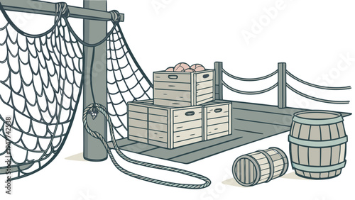 A stack of crates on a dock with a fishing net Vector