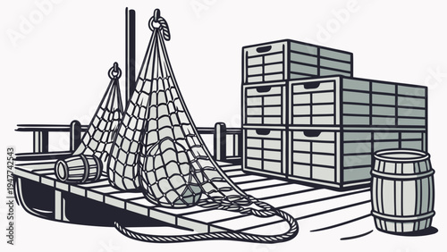 A large cargo ship is docked at a port with containers Vector