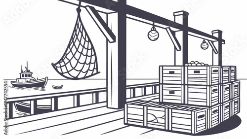 A warehouse with a hammock and wooden crates Vector