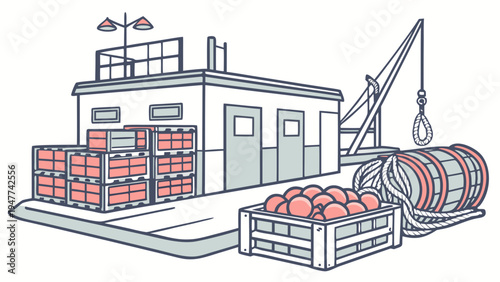 A factory building with a crane and industrial equipment Vector