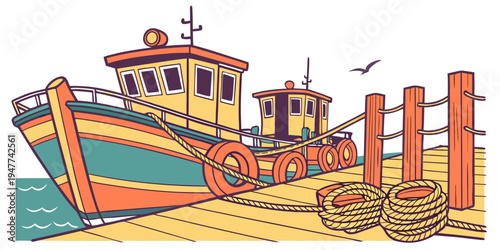 A small boat is docked at a pier with a pile of nets Vector