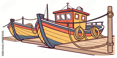 A small yellow fishing boat with red and blue details Vector