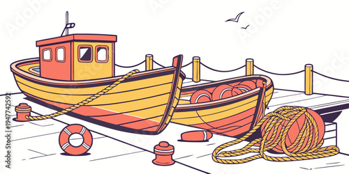 Two boats are docked at a pier with fishing nets Vector