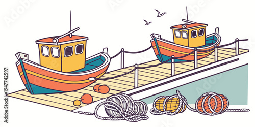 Two boats are docked at a pier with fishing nets and buoys Vector