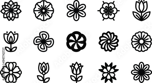 Black and white floral flowers symbols 7 shapes
