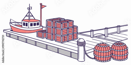 A boat on a dock with crates and barrels Vector
