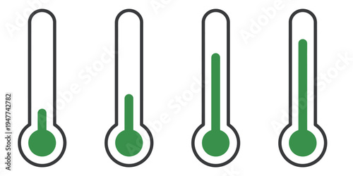 Thermometer Temperature Up and Down Icon Set, Vector Illustrations Featuring Thermometer Scales, Temperature Indicators, and Heat/Cool Symbols Perfect for Weather, Science, and UI Design Projects.