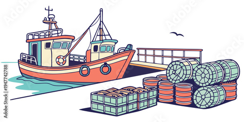 A large orange boat sitting next to cargo and bales on a dock Vector