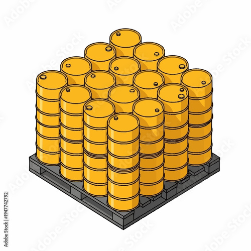 Isometric illustration of yellow barrels stacked on a pallet, representing industry or storage.
