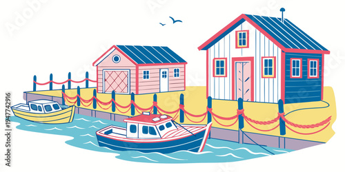 A small boat is docked next to two colorful houses Vector