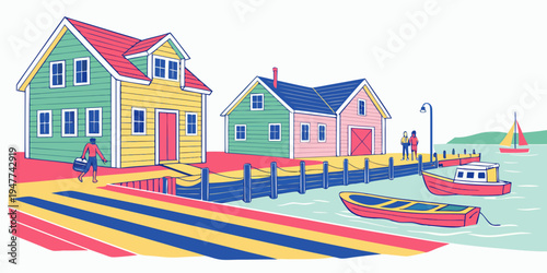 A colorful illustration of a small coastal town with houses and boats Vector