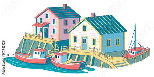 A small fishing village with colorful houses and boats Vector