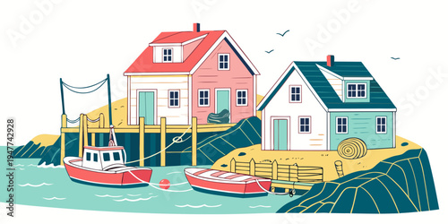 A colorful illustration of a small coastal village with houses and boats Vector