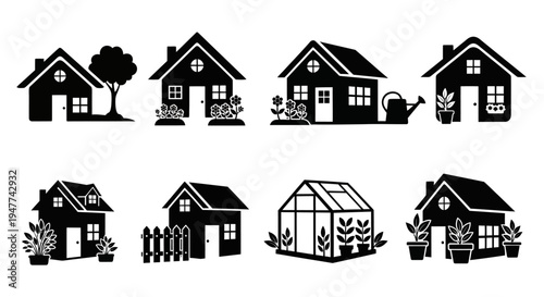 Set of Black House Icons with Garden Elements, Greenhouse, and Tree